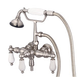 Water Creation | Vintage Classic 3.375 Inch Center Wall Mount Tub Faucet With Down Spout, Straight Wall Connector & Handheld Shower in Brushed Nickel Finish With Porcelain Lever Handles Without labels | F6-0017-02-PL Water Creation | Vintage Classic 3.375 Inch Center Wall Mount Tub Faucet With Down Spout, Straight Wall Connector & Handheld Shower in Brushed Nickel Finish With Porcelain Lever Handles Without labels | F6-0017-02-PL