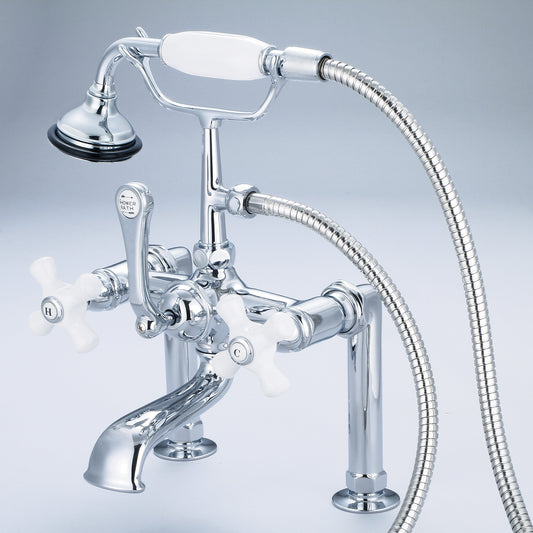 Water Creation | Vintage Classic 7 Inch Spread Deck Mount Tub Faucet With 6 Inch Risers & Handheld Shower in Chrome Finish With Porcelain Cross Handles, Hot And Cold Labels Included | F6-0006-01-PX