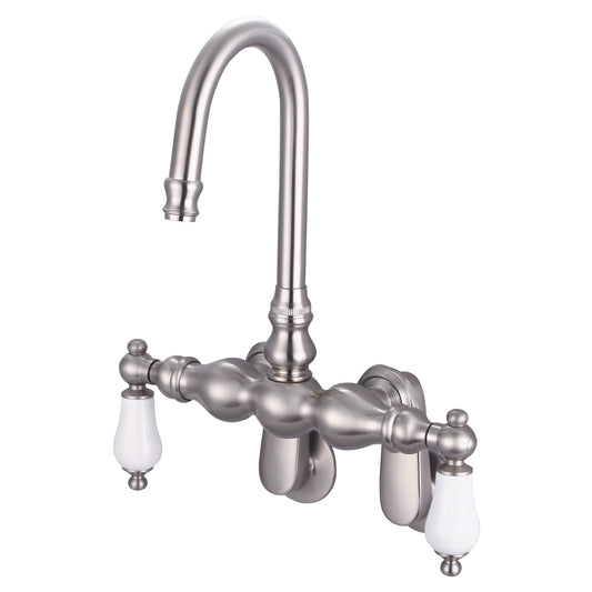 Water Creation | Vintage Classic Adjustable Spread Wall Mount Tub Faucet With Gooseneck Spout & Swivel Wall Connector in Brushed Nickel Finish With Porcelain Lever Handles Without labels | F6-0015-02-PL