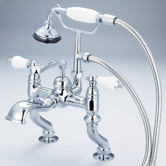 Water Creation | Vintage Classic Adjustable Center Deck Mount Tub Faucet With Handheld Shower in Chrome Finish With Porcelain Lever Handles Without labels | F6-0004-01-PL