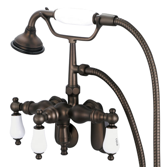 Water Creation | Vintage Classic Adjustable Center Wall Mount Tub Faucet With Down Spout, Swivel Wall Connector & Handheld Shower in Oil-rubbed Bronze Finish Finish With Porcelain Lever Handles, Hot And Cold Labels Included | F6-0018-03-CL