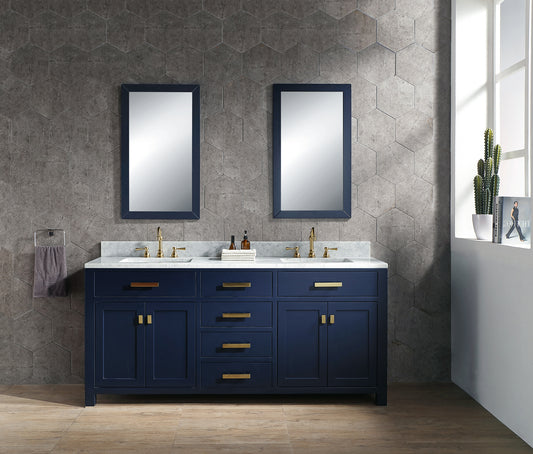 Water Creation | Madison 72-Inch Double Sink Carrara White Marble Vanity In Monarch Blue With F2-0012-06-TL Lavatory Faucet(s) | MS72CW06MB-000TL1206