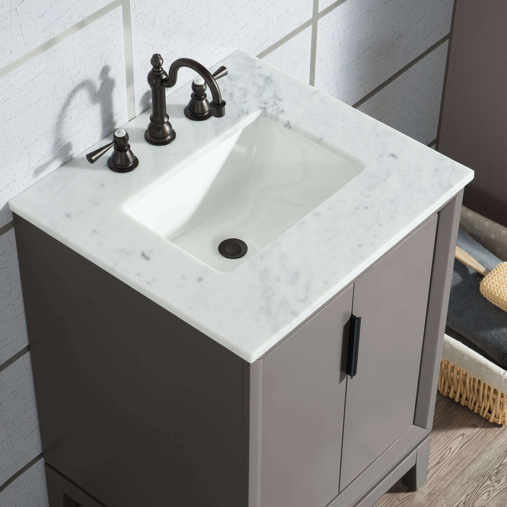 Water Creation | Elizabeth 24-Inch Single Sink Carrara White Marble Vanity In Cashmere Grey With Matching Mirror(s) and F2-0012-03-TL Lavatory Faucet(s) | EL24CW03CG-R21TL1203 Water Creation | Elizabeth 24-Inch Single Sink Carrara White Marble Vanity In Cashmere Grey With Matching Mirror(s) and F2-0012-03-TL Lavatory Faucet(s) | EL24CW03CG-R21TL1203
