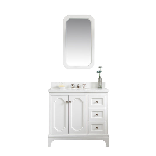 Water Creation | Queen 36-Inch Single Sink Quartz Carrara Vanity In Pure White With Matching Mirror(s) and F2-0009-05-BX Lavatory Faucet(s) | QU36QZ05PW-Q21BX0905