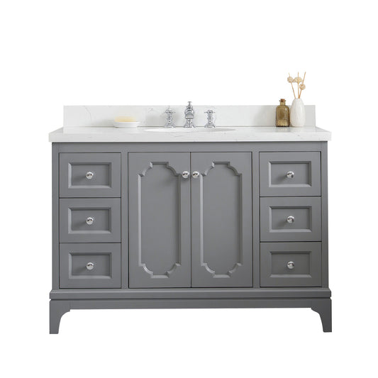 Water Creation | Queen 48-Inch Single Sink Quartz Carrara Vanity In Cashmere Grey  With F2-0013-01-FX Lavatory Faucet(s) | QU48QZ01CG-000FX1301