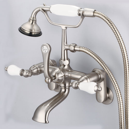 Water Creation | Vintage Classic Adjustable Center Wall Mount Tub Faucet With Swivel Wall Connector & Handheld Shower in Brushed Nickel Finish With Porcelain Lever Handles Without labels | F6-0009-02-PL