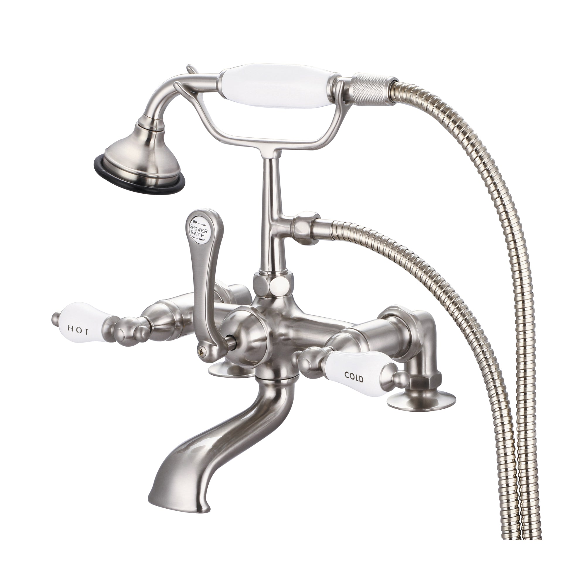 Water Creation | Vintage Classic 7 Inch Spread Deck Mount Tub Faucet With 2 Inch Risers & Handheld Shower in Brushed Nickel Finish With Porcelain Lever Handles, Hot And Cold Labels Included | F6-0007-02-CL Water Creation | Vintage Classic 7 Inch Spread Deck Mount Tub Faucet With 2 Inch Risers & Handheld Shower in Brushed Nickel Finish With Porcelain Lever Handles, Hot And Cold Labels Included | F6-0007-02-CL