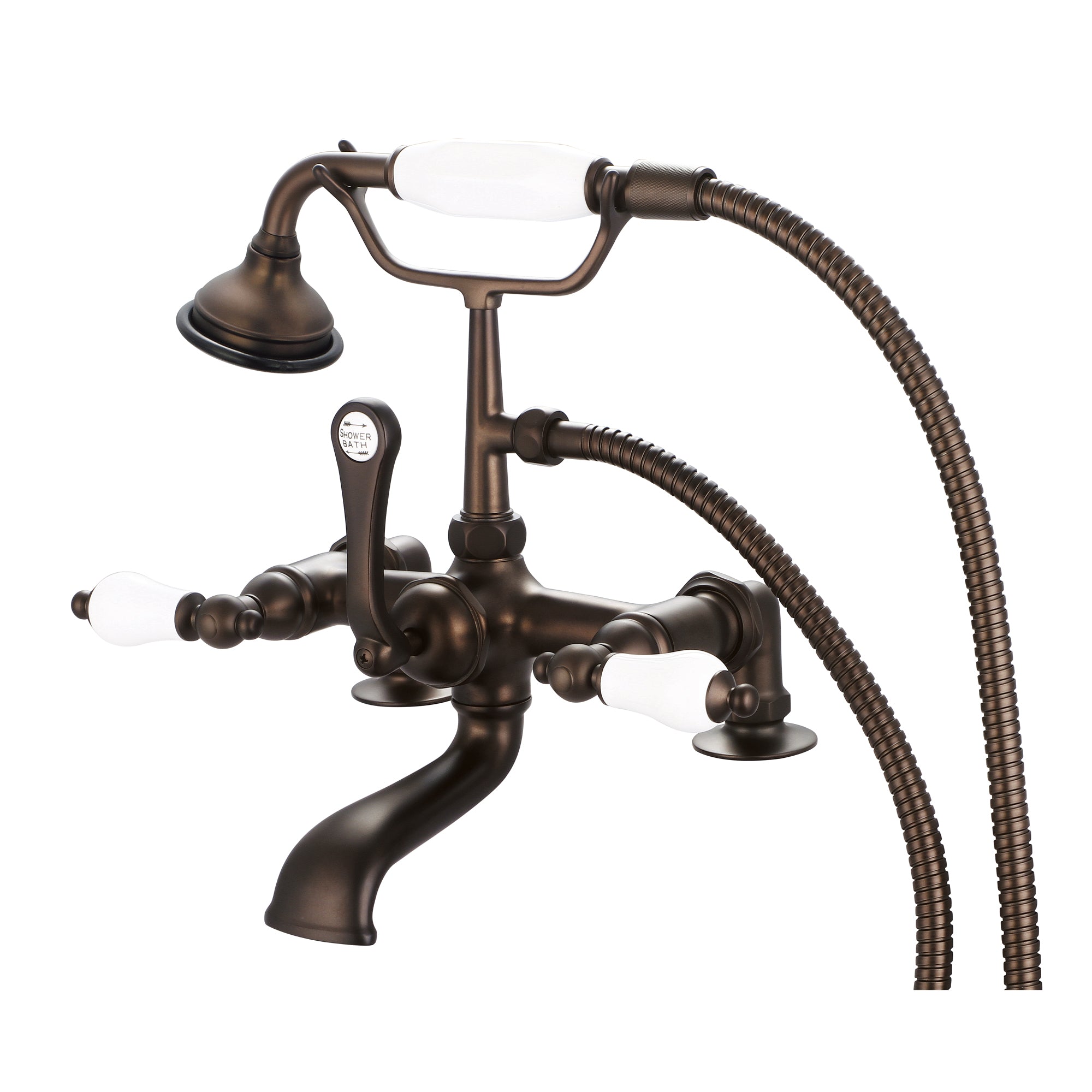 Water Creation | Vintage Classic 7 Inch Spread Deck Mount Tub Faucet With 2 Inch Risers & Handheld Shower in Oil-rubbed Bronze Finish Finish With Porcelain Lever Handles Without labels | F6-0007-03-PL Water Creation | Vintage Classic 7 Inch Spread Deck Mount Tub Faucet With 2 Inch Risers & Handheld Shower in Oil-rubbed Bronze Finish Finish With Porcelain Lever Handles Without labels | F6-0007-03-PL