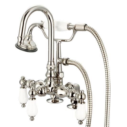 Water Creation | Vintage Classic 3.375 Inch Center Deck Mount Tub Faucet With Gooseneck Spout, 2 Inch Risers & Handheld Shower in Polished Nickel (PVD) Finish With Porcelain Lever Handles Without labels | F6-0013-05-PL