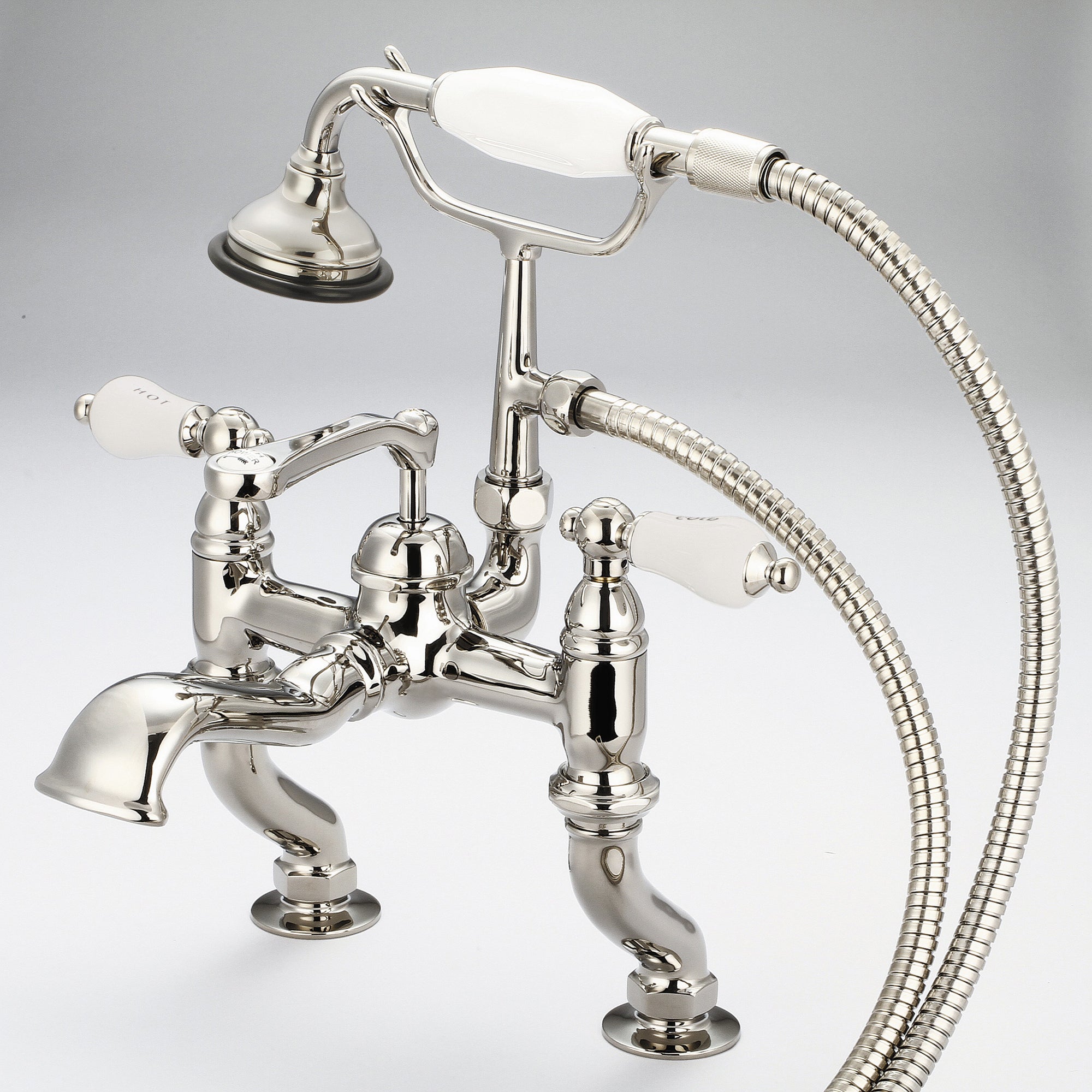 Water Creation | Vintage Classic Adjustable Center Deck Mount Tub Faucet With Handheld Shower in Polished Nickel (PVD) Finish With Porcelain Lever Handles, Hot And Cold Labels Included | F6-0004-05-CL Water Creation | Vintage Classic Adjustable Center Deck Mount Tub Faucet With Handheld Shower in Polished Nickel (PVD) Finish With Porcelain Lever Handles, Hot And Cold Labels Included | F6-0004-05-CL