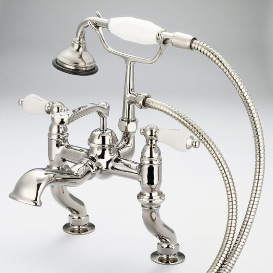Water Creation | Vintage Classic Adjustable Center Deck Mount Tub Faucet With Handheld Shower in Polished Nickel (PVD) Finish With Porcelain Lever Handles, Hot And Cold Labels Included | F6-0004-05-CL