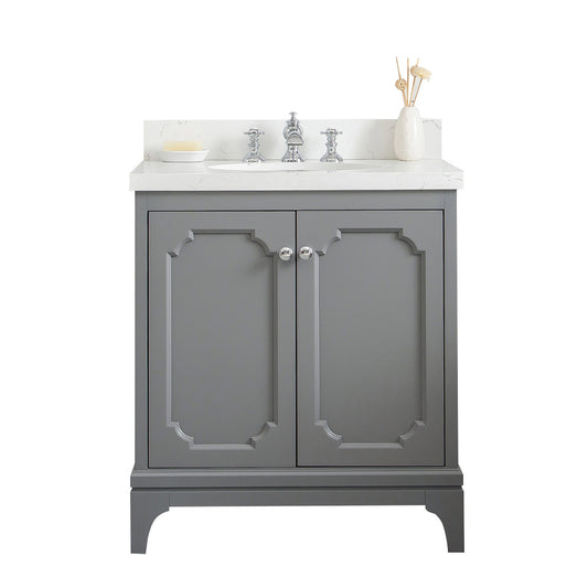 Water Creation | Queen 30-Inch Single Sink Quartz Carrara Vanity In Cashmere Grey With F2-0013-01-FX Lavatory Faucet(s) | QU30QZ01CG-000FX1301