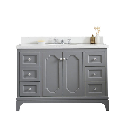 Water Creation | Queen 48-Inch Single Sink Quartz Carrara Vanity In Cashmere Grey With F2-0009-01-BX Lavatory Faucet(s) | QU48QZ01CG-000BX0901