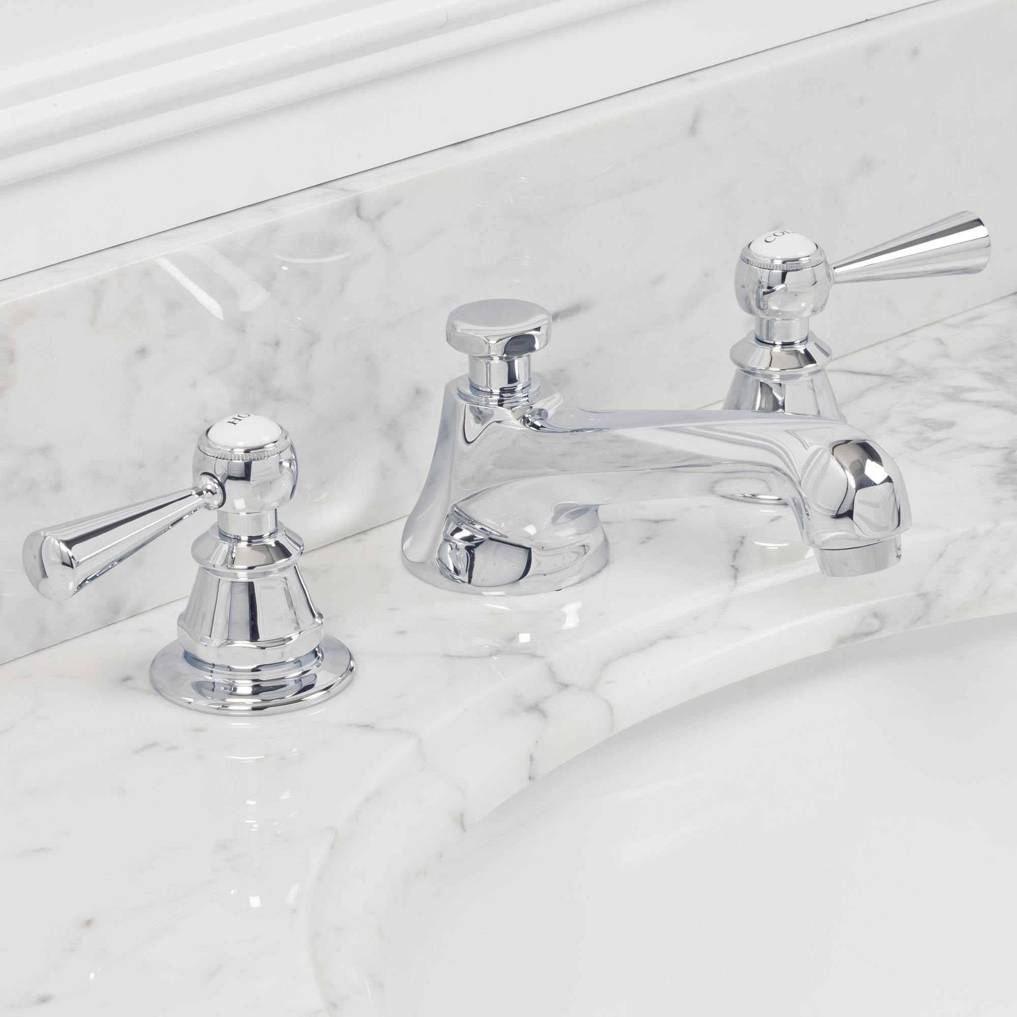 Water Creation | American 20th Century Classic Widespread Lavatory F2-0009 Faucets With Pop-Up Drain in Chrome Finish With Torch Lever Handles, Hot And Cold Labels Included | F2-0009-01-TL Water Creation | American 20th Century Classic Widespread Lavatory F2-0009 Faucets With Pop-Up Drain in Chrome Finish With Torch Lever Handles, Hot And Cold Labels Included | F2-0009-01-TL