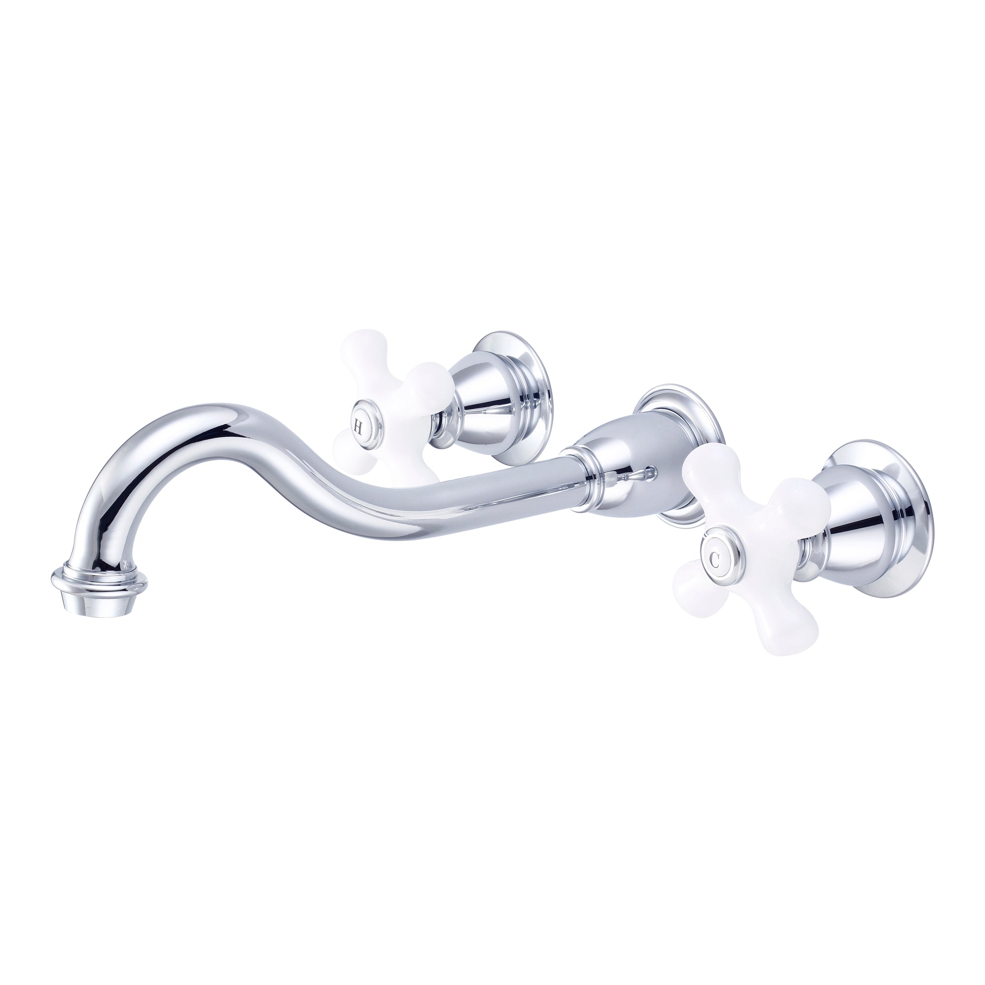 Water Creation | Elegant Spout Wall Mount Vessel/Lavatory Faucets in Chrome Finish With Porcelain Cross Handles, Hot And Cold Labels Included | F4-0001-01-PX Water Creation | Elegant Spout Wall Mount Vessel/Lavatory Faucets in Chrome Finish With Porcelain Cross Handles, Hot And Cold Labels Included | F4-0001-01-PX