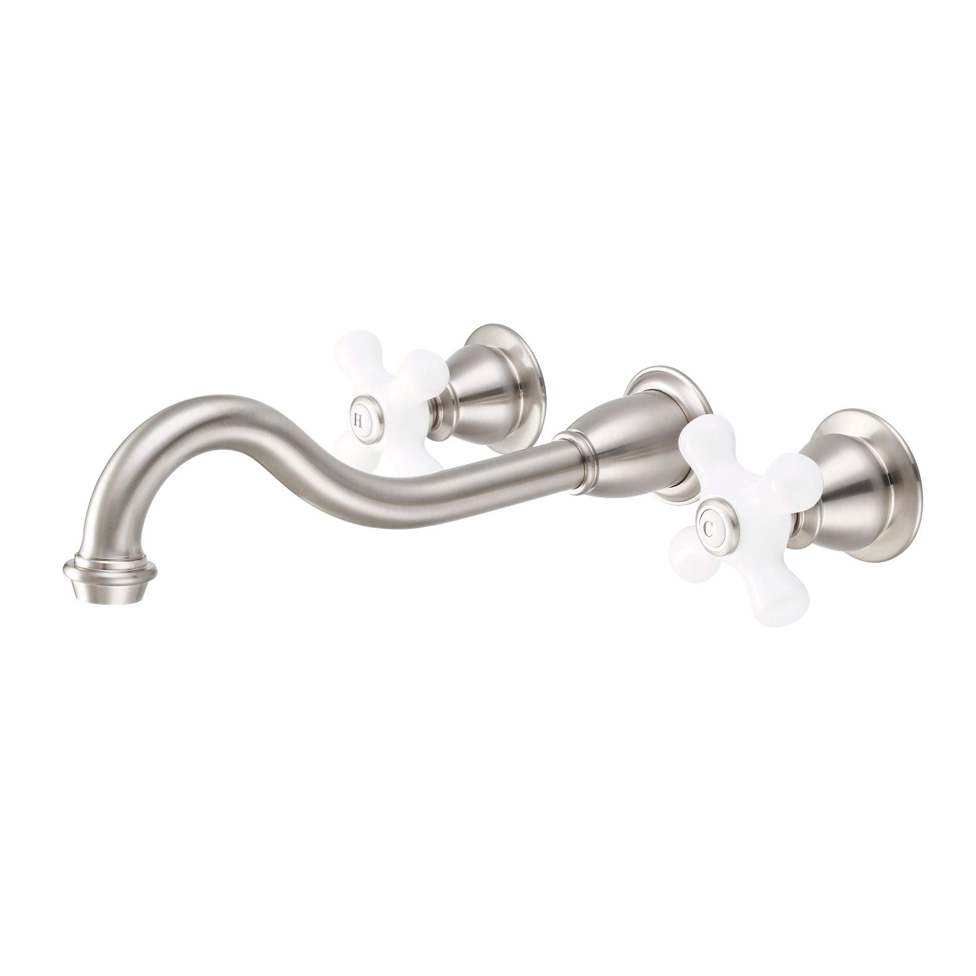 Water Creation | Elegant Spout Wall Mount Vessel/Lavatory Faucets in Brushed Nickel Finish With Porcelain Cross Handles, Hot And Cold Labels Included | F4-0001-02-PX Water Creation | Elegant Spout Wall Mount Vessel/Lavatory Faucets in Brushed Nickel Finish With Porcelain Cross Handles, Hot And Cold Labels Included | F4-0001-02-PX