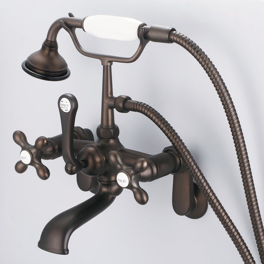 Water Creation | Vintage Classic Adjustable Center Wall Mount Tub Faucet With Swivel Wall Connector & Handheld Shower in Oil-rubbed Bronze Finish Finish With Metal Lever Handles, Hot And Cold Labels Included | F6-0009-03-AX