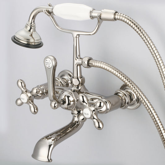 Water Creation | Vintage Classic 7 Inch Spread Wall Mount Tub Faucet With Straight Wall Connector & Handheld Shower in Polished Nickel (PVD) Finish With Metal Lever Handles, Hot And Cold Labels Included | F6-0010-05-AX