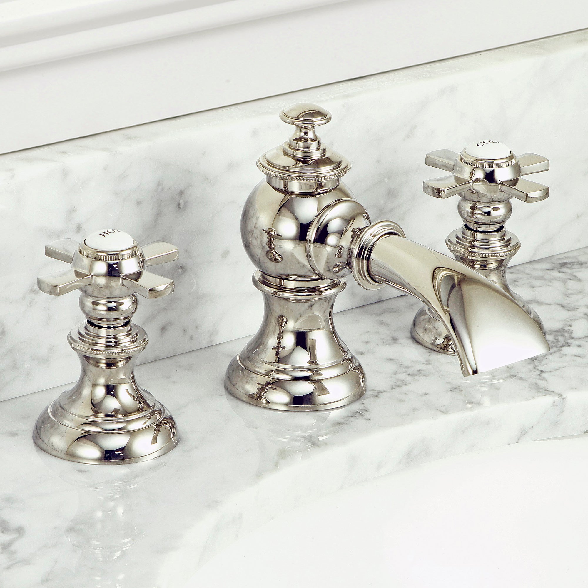 Water Creation | Modern Classic Widespread Lavatory F2-0013 Faucets With Pop-Up Drain in Polished Nickel (PVD) Finish With Flat Cross Handles | F2-0013-05-FX Water Creation | Modern Classic Widespread Lavatory F2-0013 Faucets With Pop-Up Drain in Polished Nickel (PVD) Finish With Flat Cross Handles | F2-0013-05-FX