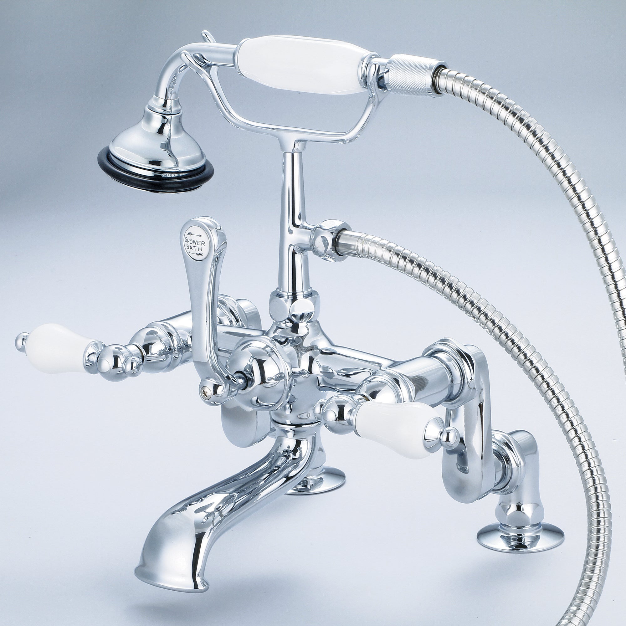 Water Creation | Vintage Classic Adjustable Center Deck Mount Tub Faucet With Handheld Shower in Chrome Finish With Porcelain Lever Handles Without labels | F6-0008-01-PL Water Creation | Vintage Classic Adjustable Center Deck Mount Tub Faucet With Handheld Shower in Chrome Finish With Porcelain Lever Handles Without labels | F6-0008-01-PL
