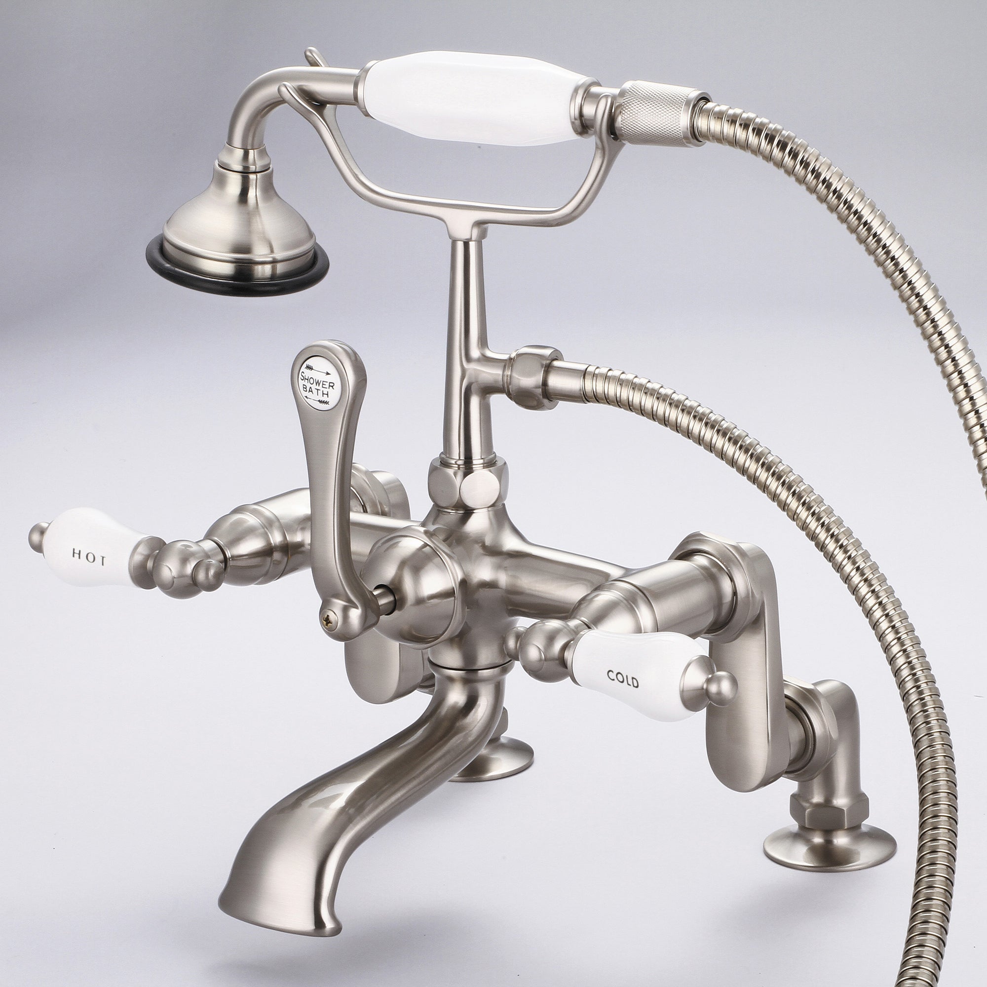 Water Creation | Vintage Classic Adjustable Center Deck Mount Tub Faucet With Handheld Shower in Brushed Nickel Finish With Porcelain Lever Handles, Hot And Cold Labels Included | F6-0008-02-CL Water Creation | Vintage Classic Adjustable Center Deck Mount Tub Faucet With Handheld Shower in Brushed Nickel Finish With Porcelain Lever Handles, Hot And Cold Labels Included | F6-0008-02-CL