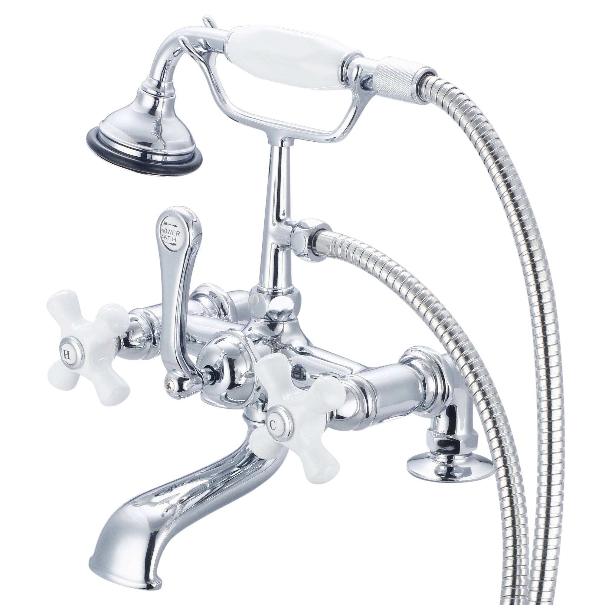 Water Creation | Vintage Classic 7 Inch Spread Deck Mount Tub Faucet With 2 Inch Risers & Handheld Shower in Chrome Finish With Porcelain Cross Handles, Hot And Cold Labels Included | F6-0007-01-PX Water Creation | Vintage Classic 7 Inch Spread Deck Mount Tub Faucet With 2 Inch Risers & Handheld Shower in Chrome Finish With Porcelain Cross Handles, Hot And Cold Labels Included | F6-0007-01-PX