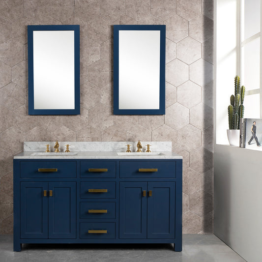 Water Creation | Madison 60-Inch Double Sink Carrara White Marble Vanity In Monarch BlueWith Matching Mirror(s) and F2-0013-06-FX Lavatory Faucet(s) | MS60CW06MB-R21FX1306