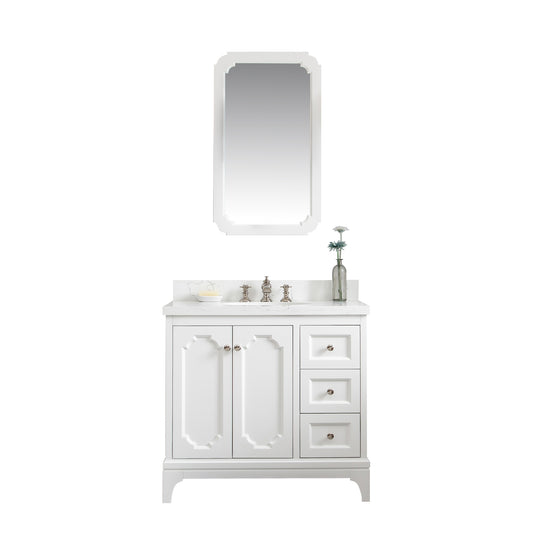 Water Creation | Queen 36-Inch Single Sink Quartz Carrara Vanity In Pure White With Matching Mirror(s) and F2-0013-05-FX Lavatory Faucet(s) | QU36QZ05PW-Q21FX1305