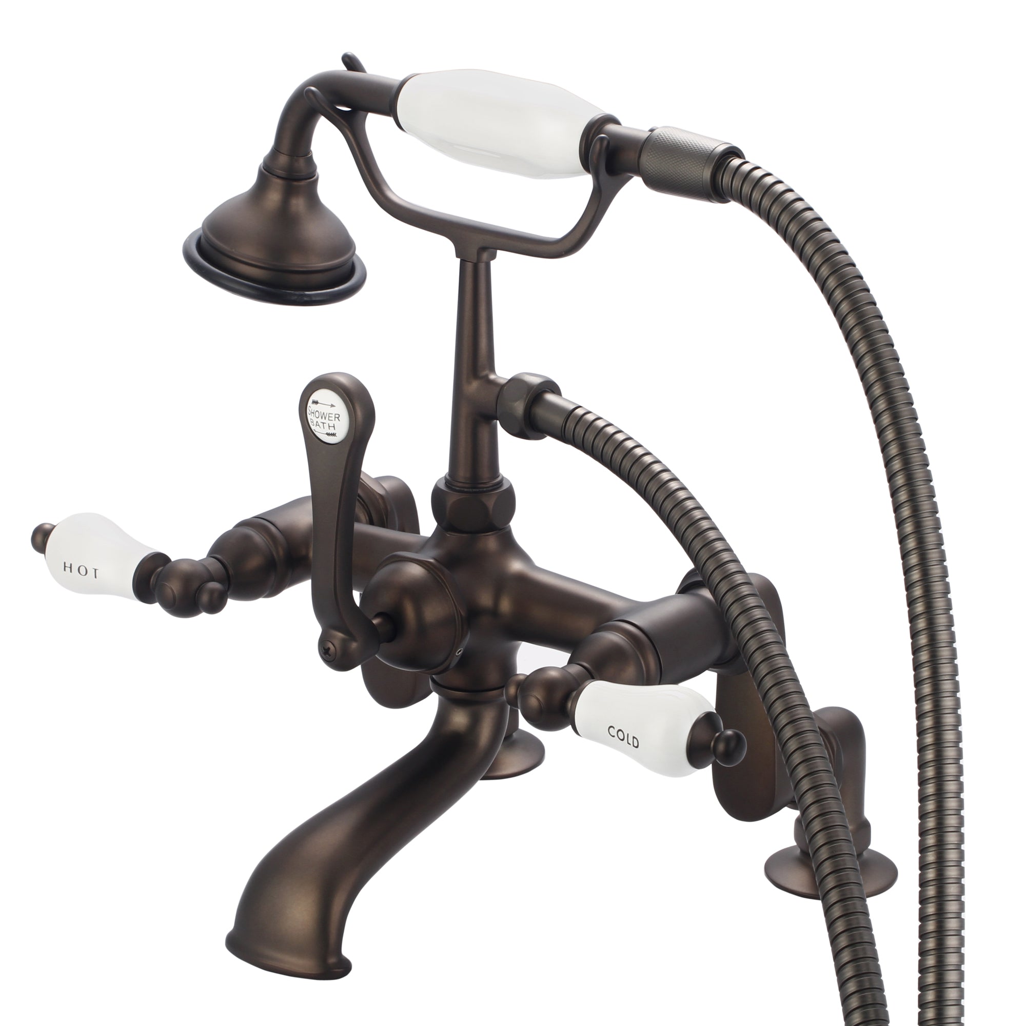 Water Creation | Vintage Classic Adjustable Center Deck Mount Tub Faucet With Handheld Shower in Oil-rubbed Bronze Finish Finish With Porcelain Lever Handles, Hot And Cold Labels Included | F6-0008-03-CL Water Creation | Vintage Classic Adjustable Center Deck Mount Tub Faucet With Handheld Shower in Oil-rubbed Bronze Finish Finish With Porcelain Lever Handles, Hot And Cold Labels Included | F6-0008-03-CL
