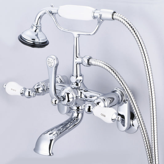 Water Creation | Vintage Classic Adjustable Center Wall Mount Tub Faucet With Swivel Wall Connector & Handheld Shower in Chrome Finish With Porcelain Lever Handles, Hot And Cold Labels Included | F6-0009-01-CL