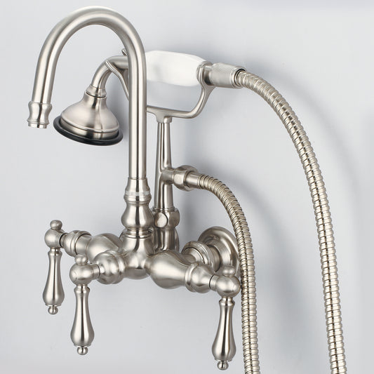 Water Creation | Vintage Classic 3.375 Inch Center Wall Mount Tub Faucet With Gooseneck Spout, Straight Wall Connector & Handheld Shower in Brushed Nickel Finish With Metal Lever Handles Without Labels | F6-0012-02-AL