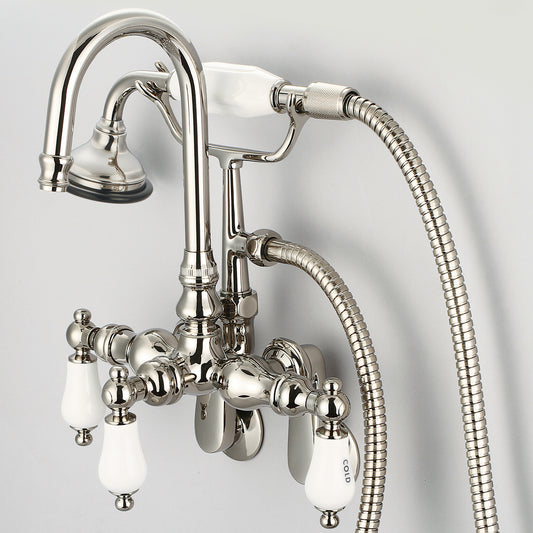 Water Creation | Vintage Classic Adjustable Spread Wall Mount Tub Faucet With Gooseneck Spout, Swivel Wall Connector & Handheld Shower in Polished Nickel (PVD) Finish With Porcelain Lever Handles, Hot And Cold Labels Included | F6-0011-05-CL