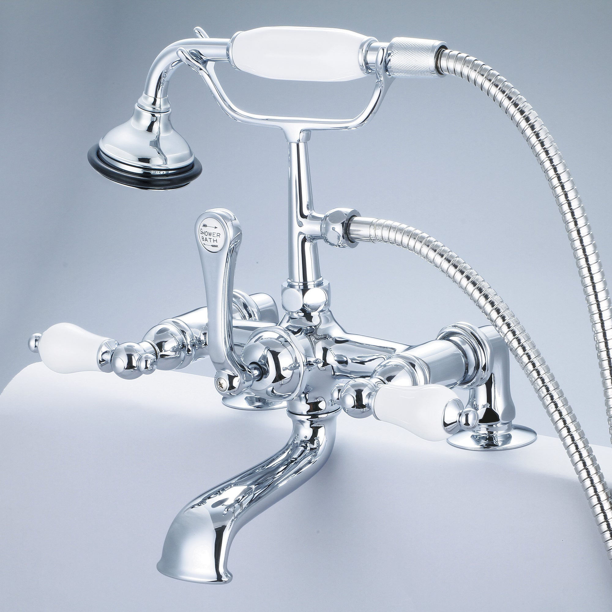 Water Creation | Vintage Classic 7 Inch Spread Deck Mount Tub Faucet With 2 Inch Risers & Handheld Shower in Chrome Finish With Porcelain Lever Handles Without labels | F6-0007-01-PL Water Creation | Vintage Classic 7 Inch Spread Deck Mount Tub Faucet With 2 Inch Risers & Handheld Shower in Chrome Finish With Porcelain Lever Handles Without labels | F6-0007-01-PL