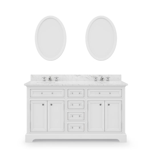 Water Creation | 60 Inch Pure White Double Sink Bathroom Vanity With Matching Framed Mirrors And Faucets From The Derby Collection | DE60CW01PW-O21BX0901