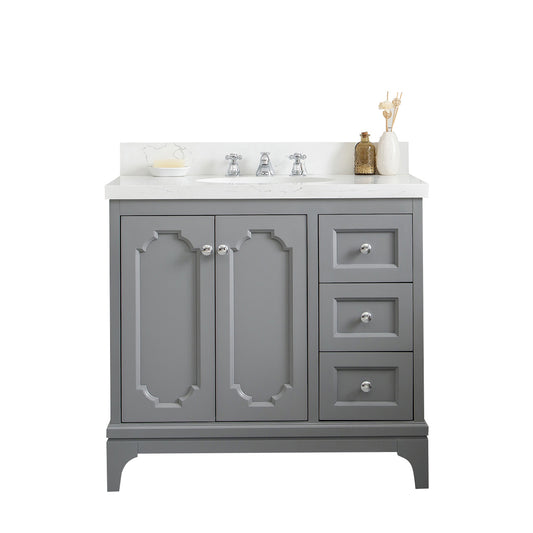 Water Creation | Queen 36-Inch Single Sink Quartz Carrara Vanity In Cashmere Grey | QU36QZ01CG-000000000