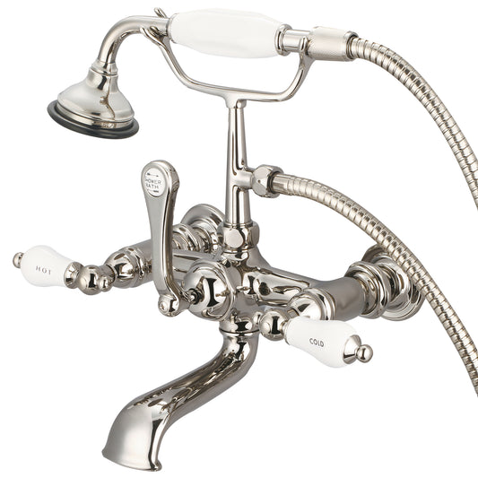 Water Creation | Vintage Classic 7 Inch Spread Wall Mount Tub Faucet With Straight Wall Connector & Handheld Shower in Polished Nickel (PVD) Finish With Porcelain Lever Handles, Hot And Cold Labels Included | F6-0010-05-CL