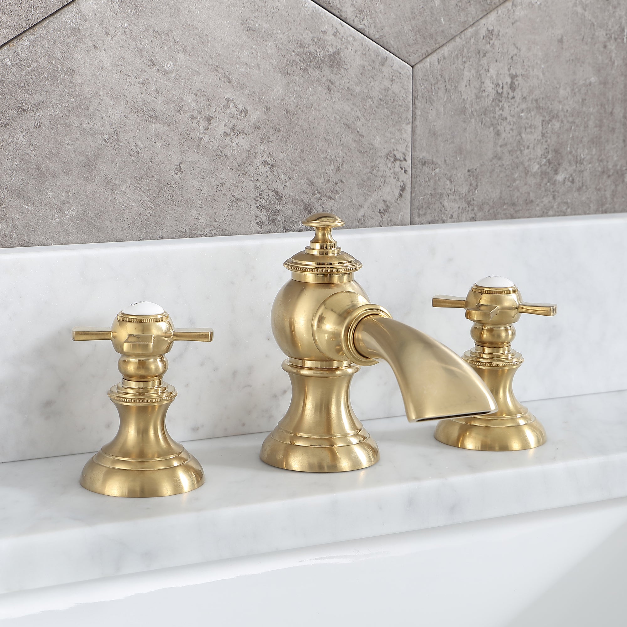 Water Creation | F2-0013-06-FX Satin Gold Waterfall with Flat Cross Handles True Brass Lavatory Faucet | F2-0013-06-FX Water Creation | F2-0013-06-FX Satin Gold Waterfall with Flat Cross Handles True Brass Lavatory Faucet | F2-0013-06-FX