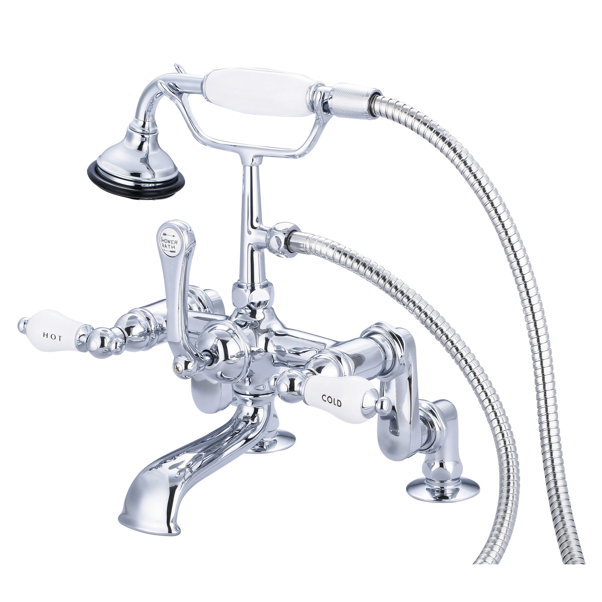 Water Creation | Vintage Classic Adjustable Center Deck Mount Tub Faucet With Handheld Shower in Chrome Finish With Porcelain Lever Handles, Hot And Cold Labels Included | F6-0008-01-CL Water Creation | Vintage Classic Adjustable Center Deck Mount Tub Faucet With Handheld Shower in Chrome Finish With Porcelain Lever Handles, Hot And Cold Labels Included | F6-0008-01-CL