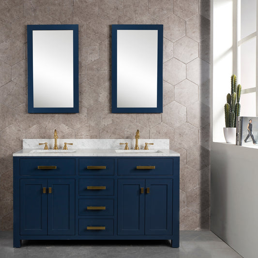 Water Creation | Madison 60-Inch Double Sink Carrara White Marble Vanity In Monarch BlueWith Matching Mirror(s) and F2-0012-06-TL Lavatory Faucet(s) | MS60CW06MB-R21TL1206