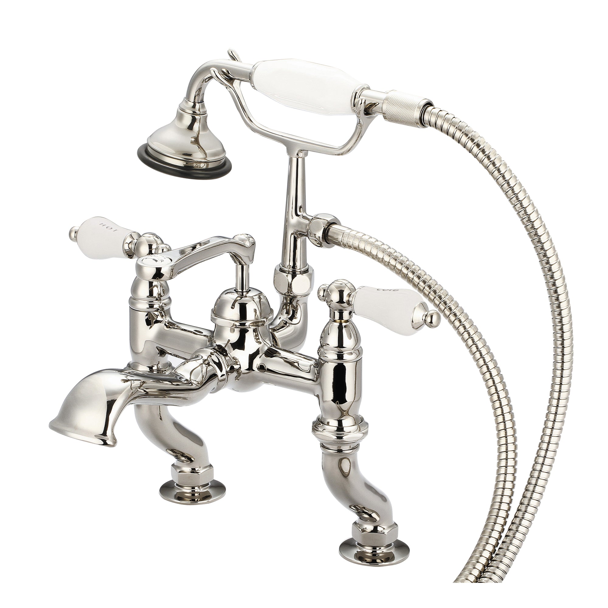 Water Creation | Vintage Classic Adjustable Center Deck Mount Tub Faucet With Handheld Shower in Polished Nickel (PVD) Finish With Porcelain Lever Handles, Hot And Cold Labels Included | F6-0004-05-CL Water Creation | Vintage Classic Adjustable Center Deck Mount Tub Faucet With Handheld Shower in Polished Nickel (PVD) Finish With Porcelain Lever Handles, Hot And Cold Labels Included | F6-0004-05-CL