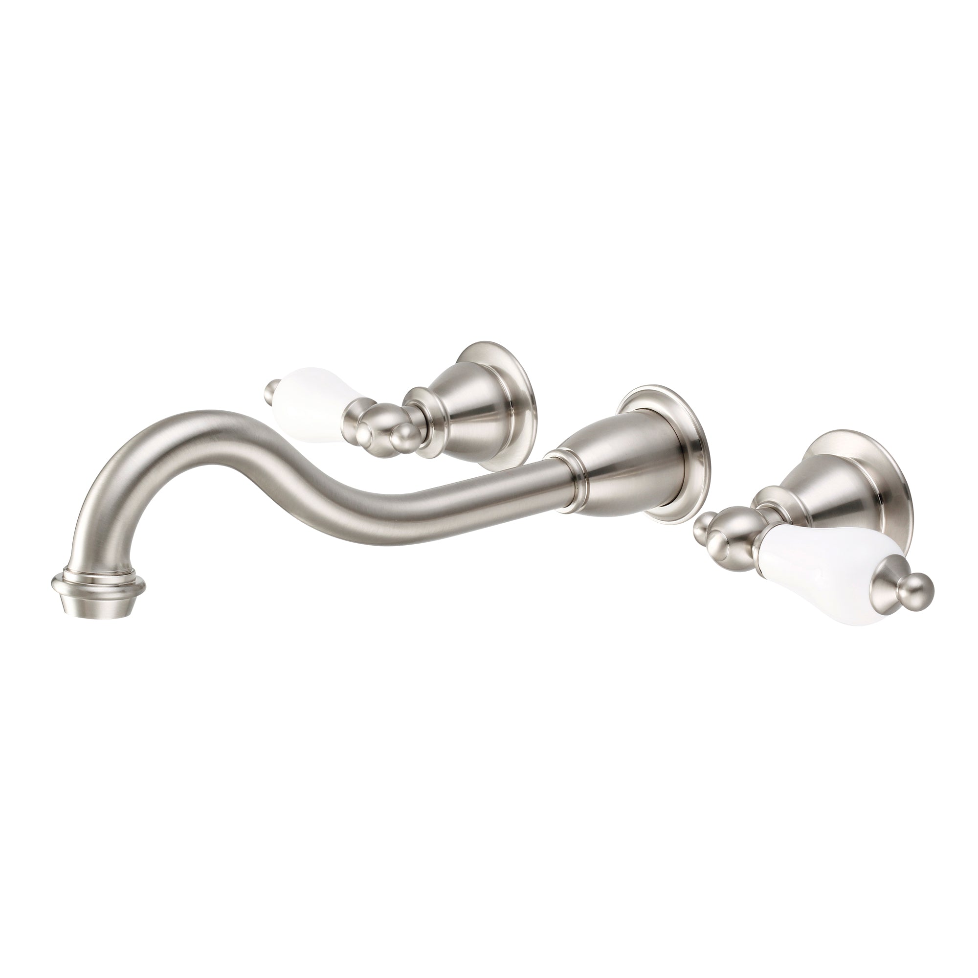 Water Creation | Elegant Spout Wall Mount Vessel/Lavatory Faucets in Brushed Nickel Finish With Porcelain Lever Handles Without labels | F4-0001-02-PL Water Creation | Elegant Spout Wall Mount Vessel/Lavatory Faucets in Brushed Nickel Finish With Porcelain Lever Handles Without labels | F4-0001-02-PL