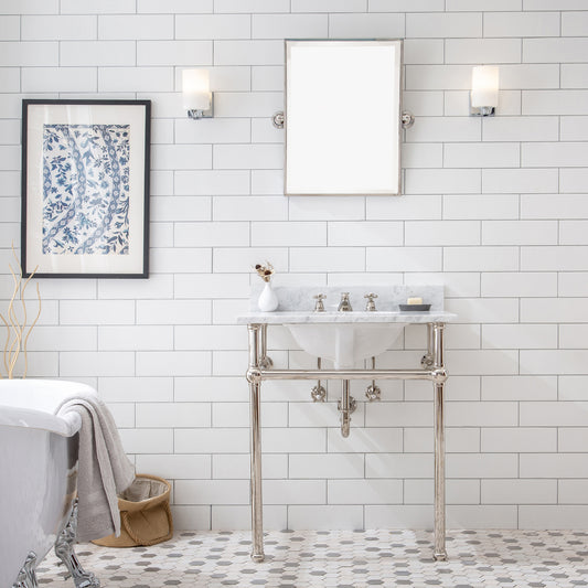 Water Creation | Embassy 30 Inch Wide Single Wash Stand, P-Trap, Counter Top with Basin, and F2-0009 Faucet included in Polished Nickel (PVD) Finish | EB30D-0509