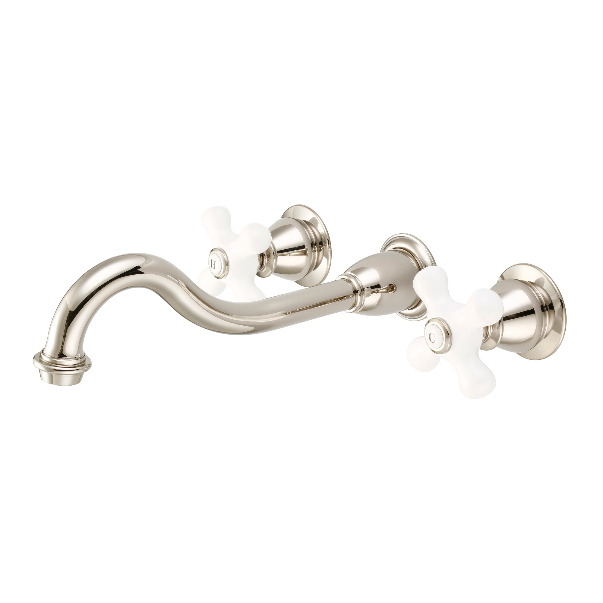 Water Creation | Elegant Spout Wall Mount Vessel/Lavatory Faucets in Polished Nickel (PVD) Finish With Porcelain Cross Handles, Hot And Cold Labels Included | F4-0001-05-PX Water Creation | Elegant Spout Wall Mount Vessel/Lavatory Faucets in Polished Nickel (PVD) Finish With Porcelain Cross Handles, Hot And Cold Labels Included | F4-0001-05-PX