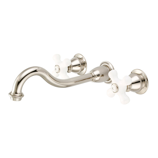 Water Creation | Elegant Spout Wall Mount Vessel/Lavatory Faucets in Polished Nickel (PVD) Finish With Porcelain Cross Handles, Hot And Cold Labels Included | F4-0001-05-PX
