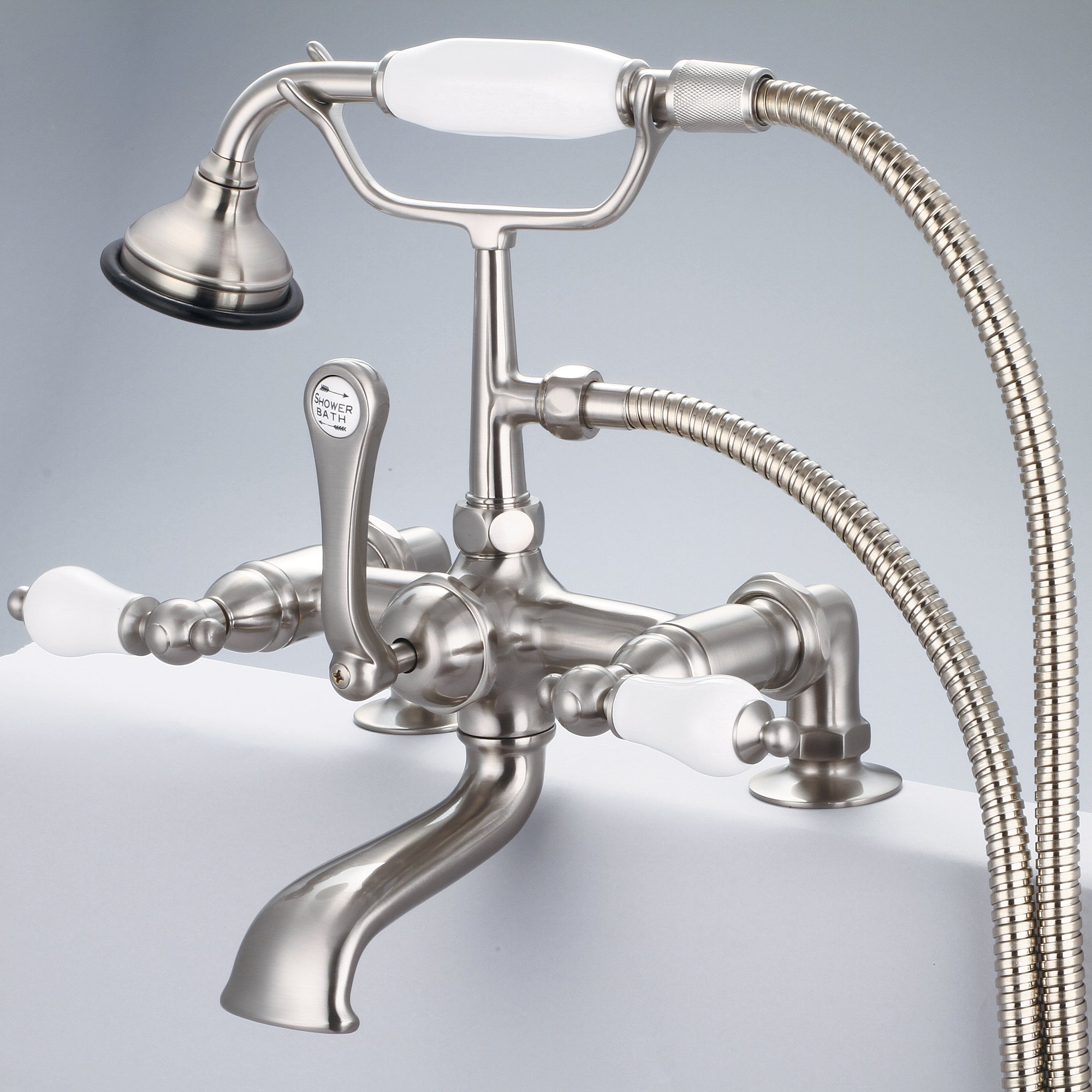 Water Creation | Vintage Classic 7 Inch Spread Deck Mount Tub Faucet With 2 Inch Risers & Handheld Shower in Brushed Nickel Finish With Porcelain Lever Handles Without labels | F6-0007-02-PL Water Creation | Vintage Classic 7 Inch Spread Deck Mount Tub Faucet With 2 Inch Risers & Handheld Shower in Brushed Nickel Finish With Porcelain Lever Handles Without labels | F6-0007-02-PL