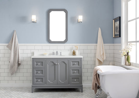 Water Creation | Queen 48-Inch Single Sink Quartz Carrara Vanity In Cashmere Grey With Matching Mirror(s) and F2-0013-01-FX Lavatory Faucet(s) | QU48QZ01CG-Q21FX1301
