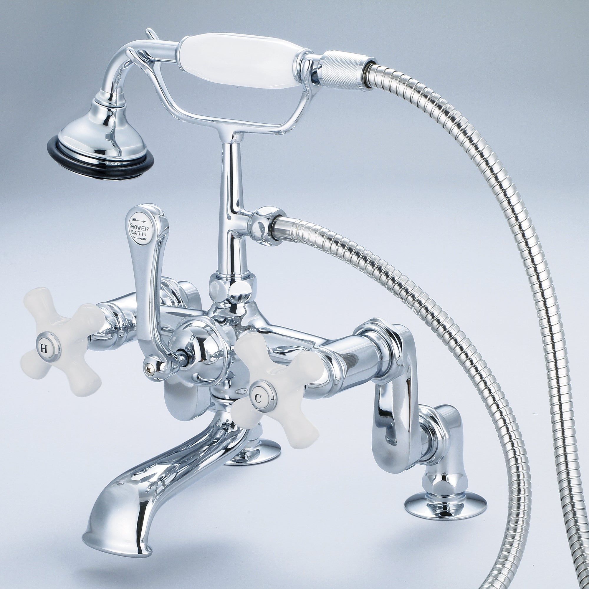 Water Creation | Vintage Classic Adjustable Center Deck Mount Tub Faucet With Handheld Shower in Chrome Finish With Porcelain Cross Handles, Hot And Cold Labels Included | F6-0008-01-PX Water Creation | Vintage Classic Adjustable Center Deck Mount Tub Faucet With Handheld Shower in Chrome Finish With Porcelain Cross Handles, Hot And Cold Labels Included | F6-0008-01-PX