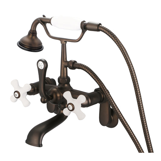 Water Creation | Vintage Classic Adjustable Center Wall Mount Tub Faucet With Swivel Wall Connector & Handheld Shower in Oil-rubbed Bronze Finish Finish With Porcelain Cross Handles, Hot And Cold Labels Included | F6-0009-03-PX