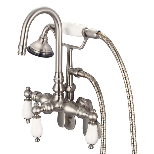 Water Creation | Vintage Classic Adjustable Spread Wall Mount Tub Faucet With Gooseneck Spout, Swivel Wall Connector & Handheld Shower in Brushed Nickel Finish With Porcelain Lever Handles Without labels | F6-0011-02-PL