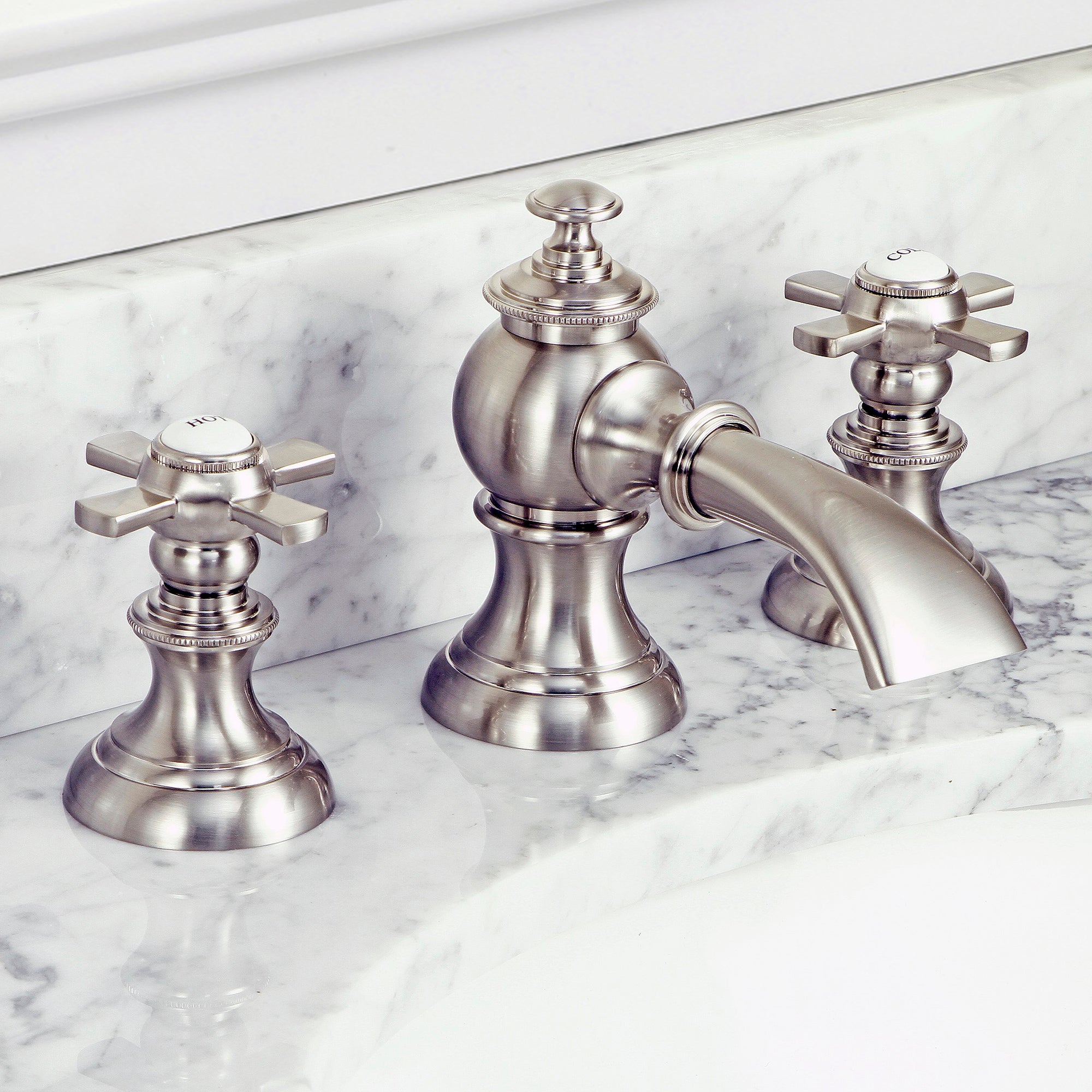 Water Creation | Modern Classic Widespread Lavatory F2-0013 Faucets With Pop-Up Drain in Brushed Nickel Finish With Flat Cross Handles | F2-0013-02-FX Water Creation | Modern Classic Widespread Lavatory F2-0013 Faucets With Pop-Up Drain in Brushed Nickel Finish With Flat Cross Handles | F2-0013-02-FX